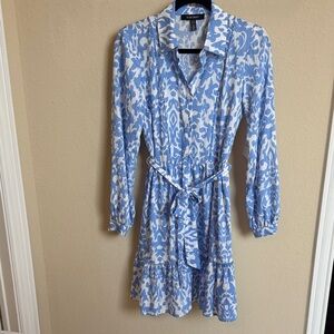 NWT $129 Ellen Tracy Long Sleeve Blue and White ruffle shirt Dress sz XS